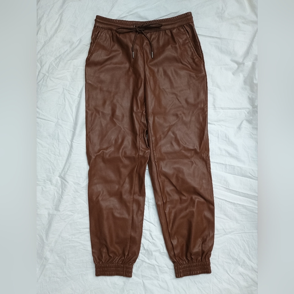 Brown Faux Leather Jogger Pants